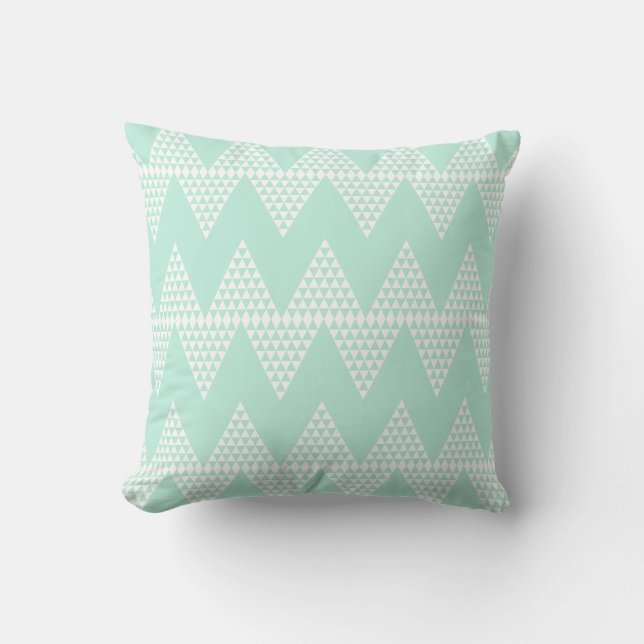 Mint Green White Geometric  Chevron Pattern Cushion (Front)