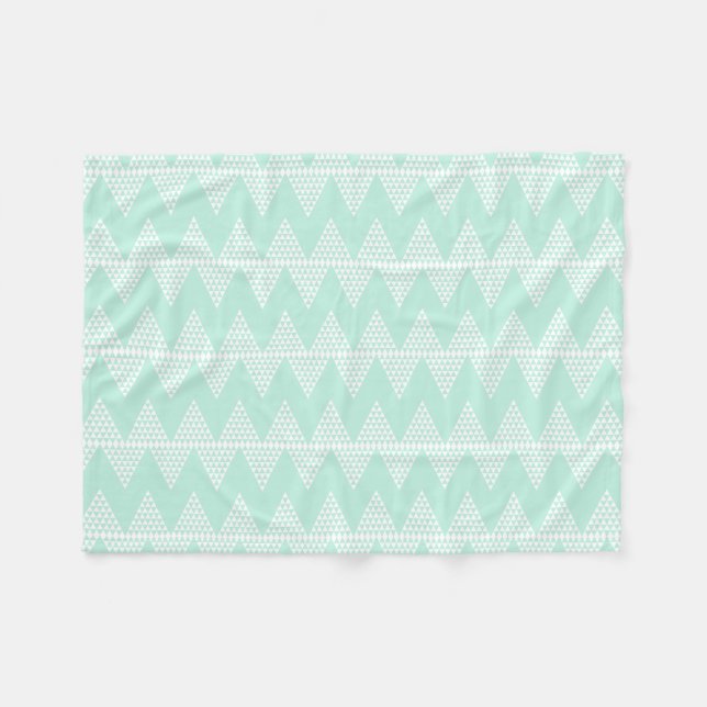 Mint Green White Geometric Chevron Pattern Fleece Blanket (Front (Horizontal))