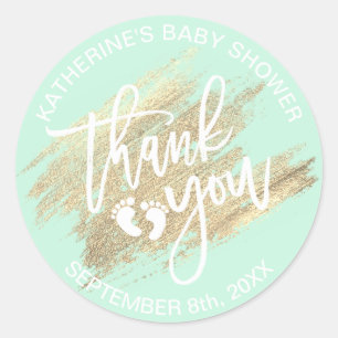 Mint Green White Gold Brush Stroke Baby Shower Classic Round Sticker