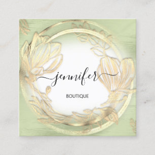 Mint Green White Gold Floral QRCode Logo  Square  Square Business Card