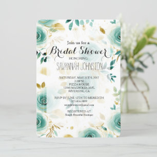 Mint Green White Gold Rose Bridal Shower Invitation