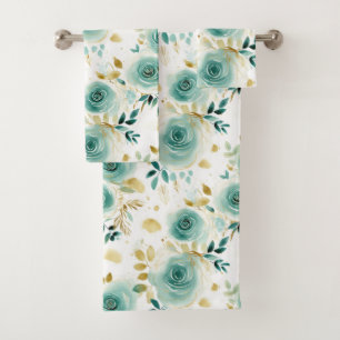 Mint Green White Gold Rose Floral Bath Towel Set