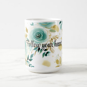 Mint Green White Gold Rose Floral Coffee Mug