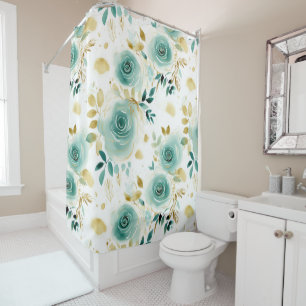 Mint Green White Gold Rose Floral Shower Curtain