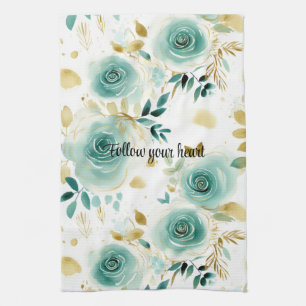 Mint Green White Gold Rose Floral Tea Towel