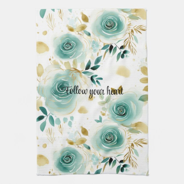 Mint Green White Gold Rose Floral Tea Towel (Vertical)