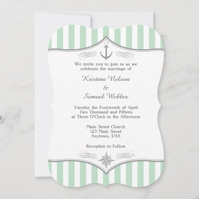 Mint Green White Grey Nautical Wedding Invitation (Front)