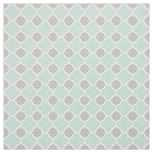 Mint Green White Grey Quatrefoil Pattern Fabric