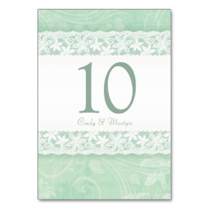 Mint green white lace print wedding table number
