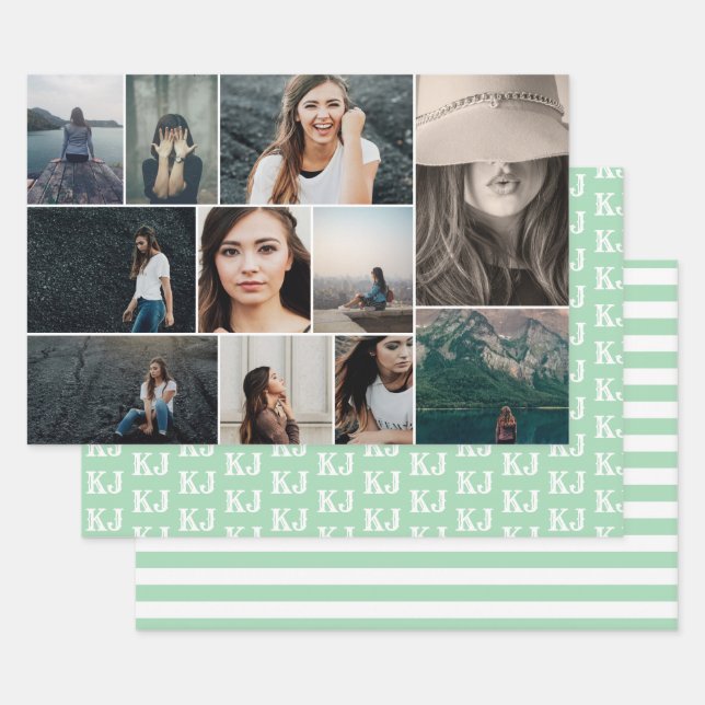 Mint Green White Photo Collage Monogram Wrapping Paper Sheet (Set)