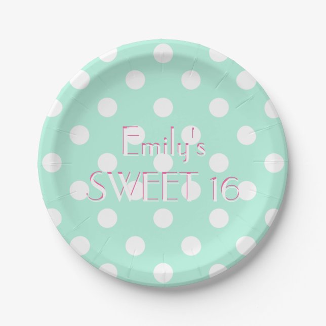 Mint green white polka dot paper plate (Front)