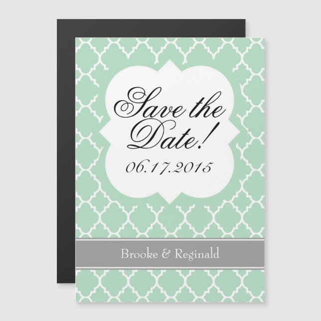 Mint Green White Quatrefoil Save The Date Magnet (Front/Back)