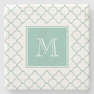 Mint Green, White Quatrefoil Your Monogram Stone Coaster