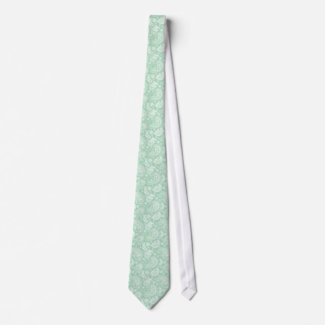 Mint Green & White Retro Ornate Paisley Pattern Tie (Front)