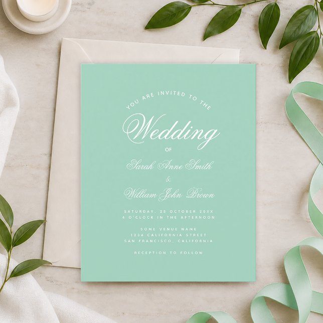 Mint Green White Script Budget Wedding Invitation (Creator Uploaded)
