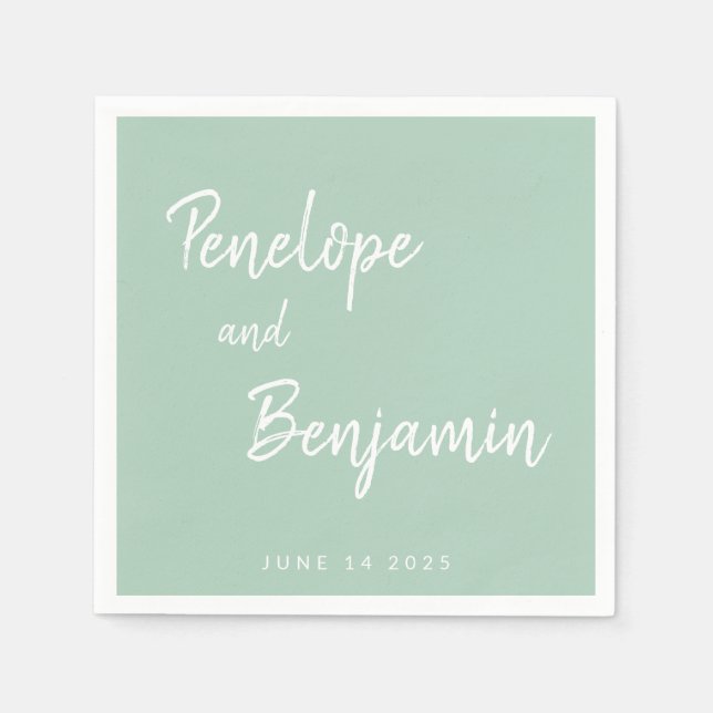 Mint Green White Script Couple Names Wedding Date Napkin (Front)