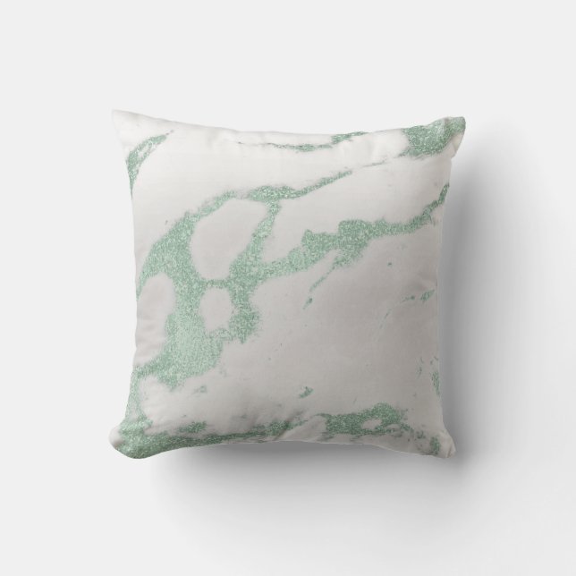 Mint Green White Silver Grey Metallic Marble Stone Cushion (Front)