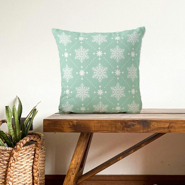 Mint Green White Snowflakes Christmas Pattern Cushion (Creator Uploaded)