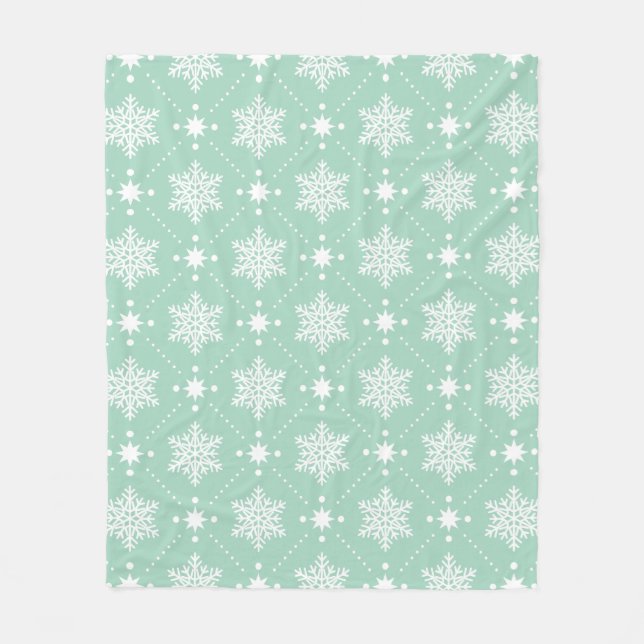 Mint Green White Snowflakes Christmas Pattern Fleece Blanket (Front)