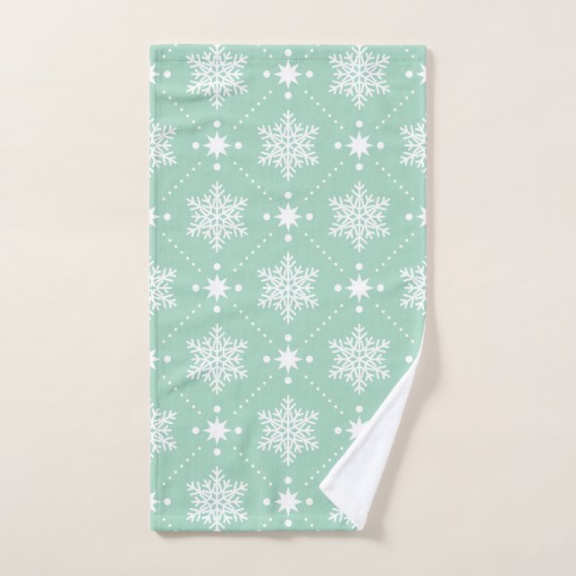 Mint Green White Snowflakes Christmas Pattern Hand Towel (Hand Towel)