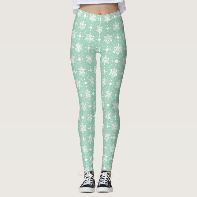 Mint Green White Snowflakes Christmas Pattern Leggings (Front)