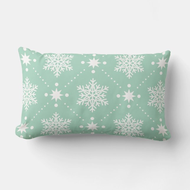 Mint Green White Snowflakes Christmas Pattern Lumbar Cushion (Front)
