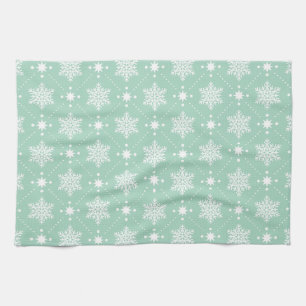 Mint Green White Snowflakes Christmas Pattern Tea Towel