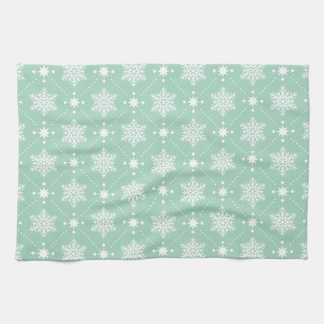 Mint Green White Snowflakes Christmas Pattern Tea Towel (Horizontal)
