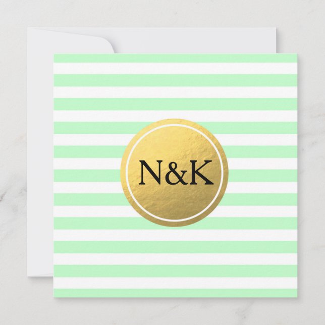 Mint green & White Striped Gold Foil Invitation (Front)