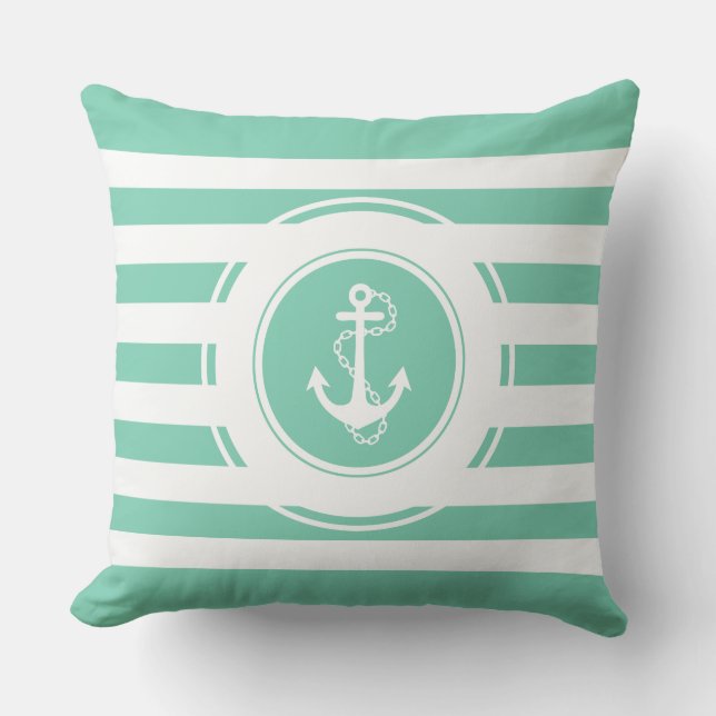 Mint-Green & White Stripes Nautical Anchor Cushion (Front)