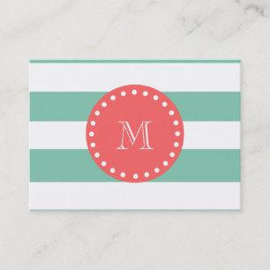 Mint Green White Stripes Pattern, Coral Monogram Business Card