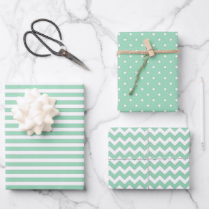 Mint Green & White Stripes Polka Dot Chevron Wrapping Paper Sheet