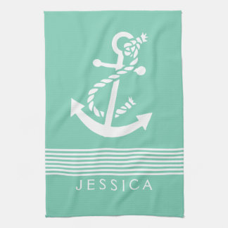 Mint-Green & White Stripes With Nautical Anchor Tea Towel