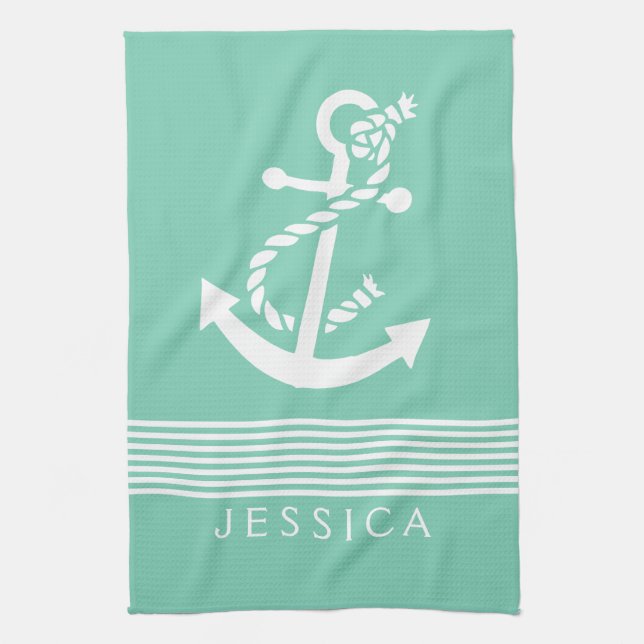 Mint-Green & White Stripes With Nautical Anchor Tea Towel (Vertical)