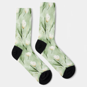 Mint Green White Tulip Flowers Socks