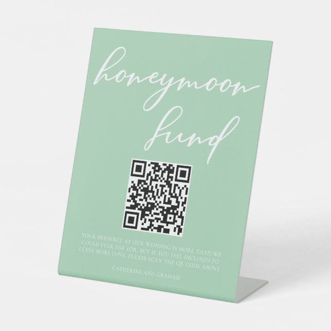 Mint Green White Wedding Honeymoon Fund QR Code Pedestal Sign (Front)