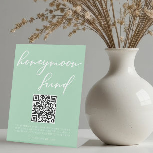 Mint Green White Wedding Honeymoon Fund QR Code Pedestal Sign
