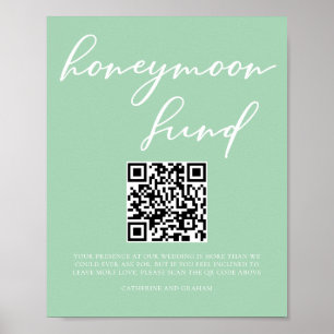 Mint Green White Wedding Honeymoon Fund QR Code Poster