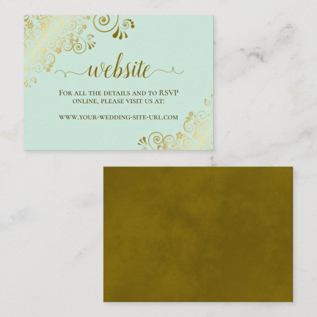 Mint Green with Gold Floral Curls Wedding Website Enclosure Card (Front/Back)