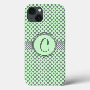 Mint Green with Grey Polka Dots-Monogram STaylor iPhone 13 Case