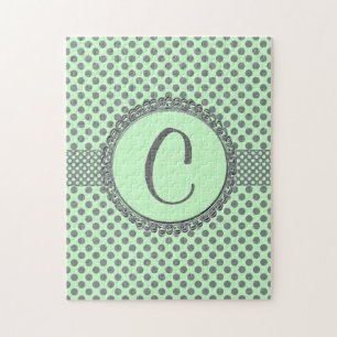 Mint Green with Grey Polka Dots-Monogram STaylor Jigsaw Puzzle