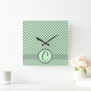 Mint Green with Grey Polka Dots-Monogram STaylor Square Wall Clock