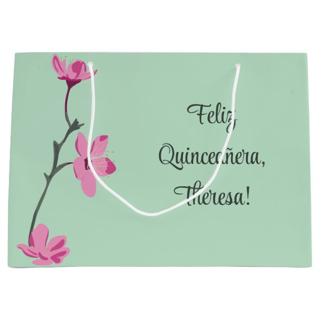 Mint Green with Pink Cherry Blossoms Personalised Large Gift Bag (Front)