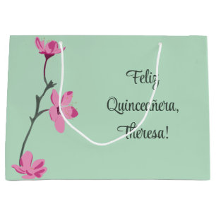 Mint Green with Pink Cherry Blossoms Personalized Large Gift Bag