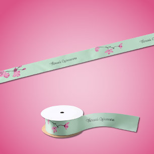 Mint Green with Pink Cherry Blossoms Personalized Satin Ribbon
