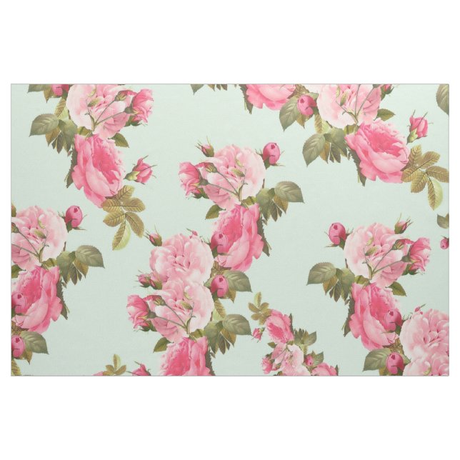 Mint Green with Pink Flowers Fabric (Fat Quarter)