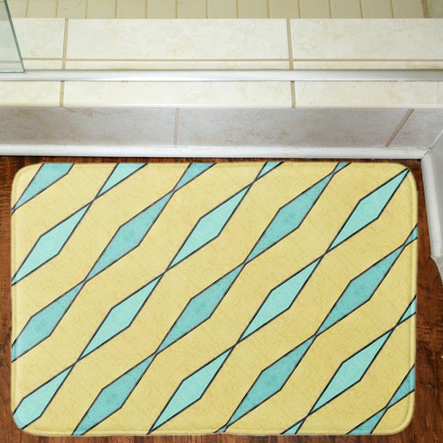 Mint Green Yellow Black Diagonal Retro Modern Bath Mat (Creator Uploaded)