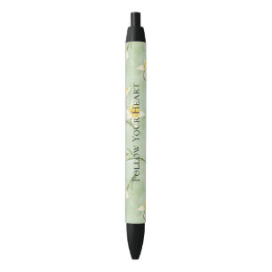 Mint Green Yellow Daffodil Flowers Black Ink Pen