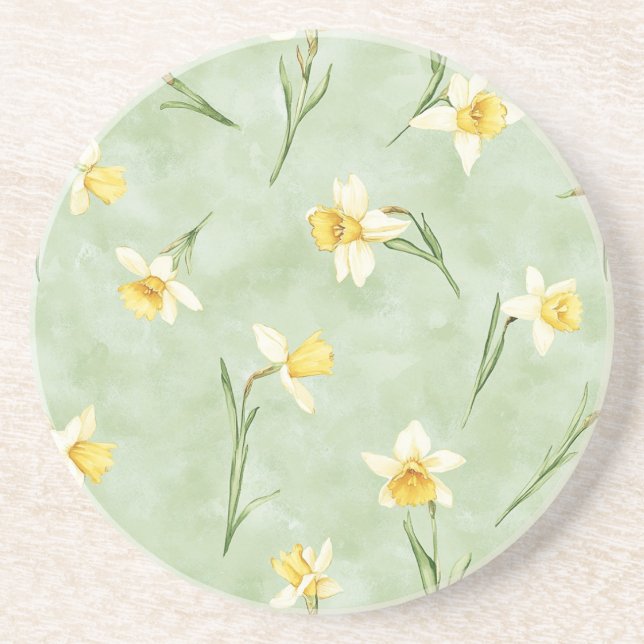 Mint Green Yellow Daffodil Flowers Coaster (Front)