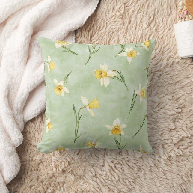 Mint Green Yellow Daffodil Flowers Cushion (Blanket)